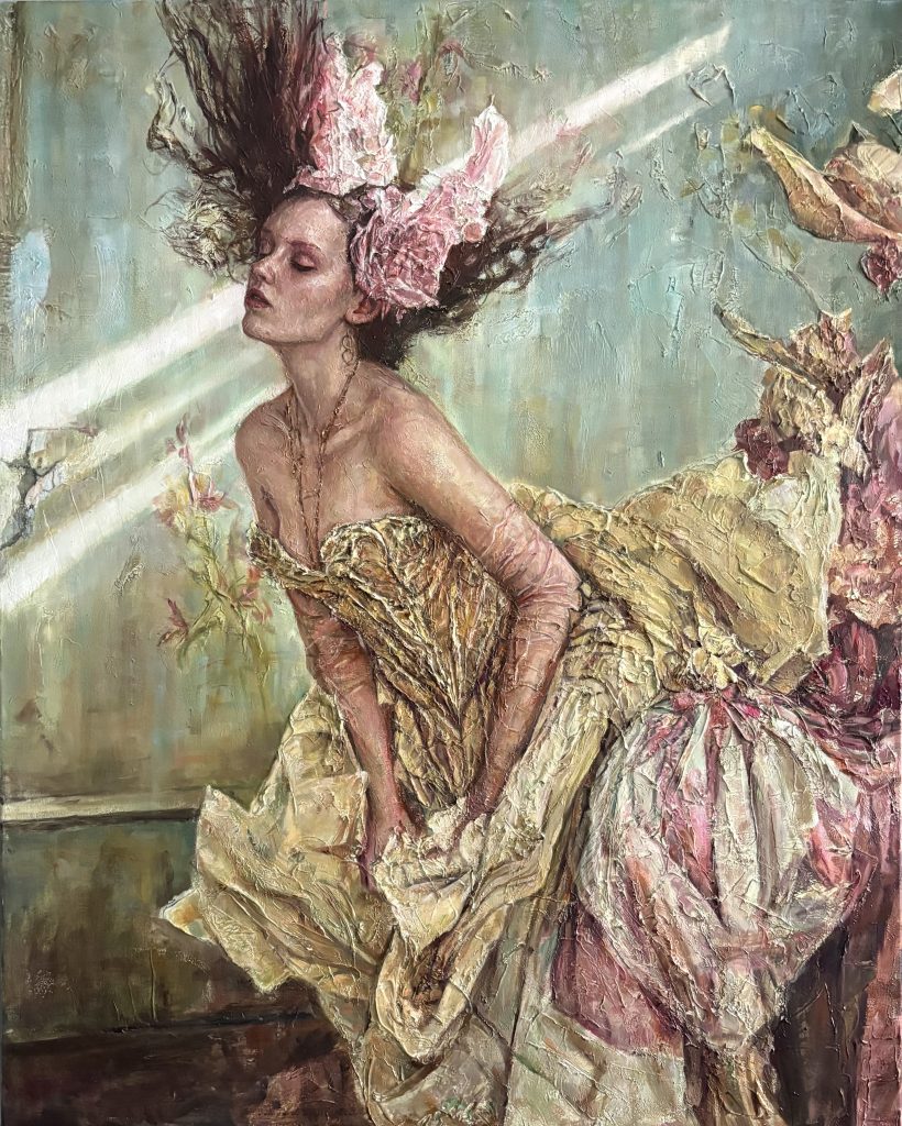 A little drama, a little bloom, a lot of texture.
“Too Glamorous for Gravity”
100 × 80 cm | Oil on canvas
Now heading to Galerie Bont en Blauw.