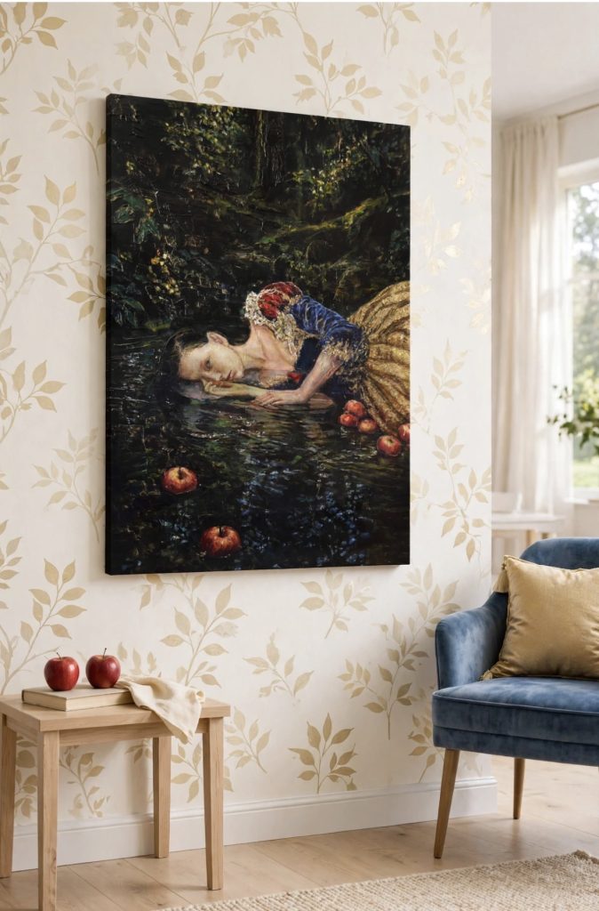 Dark meets light. My Snow White (60x90cm) in a bright living room. She doesn't need a dark castle. She brings her own darkness. Only 2 apples on the side table — the rest is in the painting. Available — DM for details.